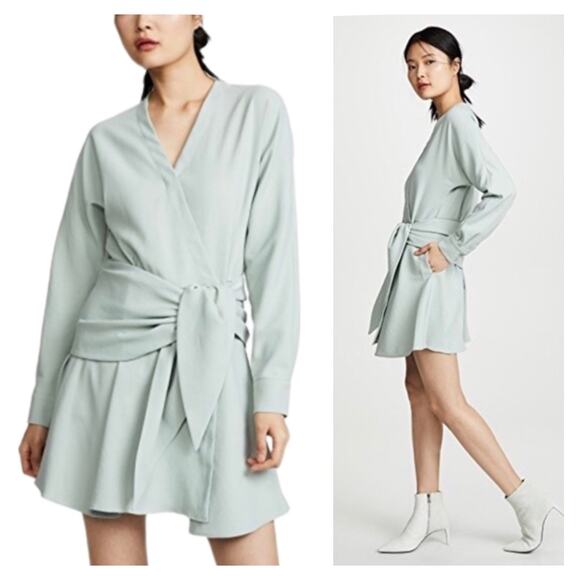 Tibi Womens Chalky Drape Long Sleeve Wrap Mini Dress in Ash Green Size 6 - Picture 1 of 16